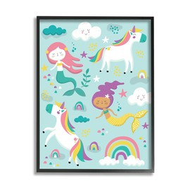 Stupell Industries Mermaid and Unicorn Rainbow Collage Kids' Fantasy Illustration, Designed by Andrea Jasid Grassi Black Framed Wall Art, 16 x 20, Blue
