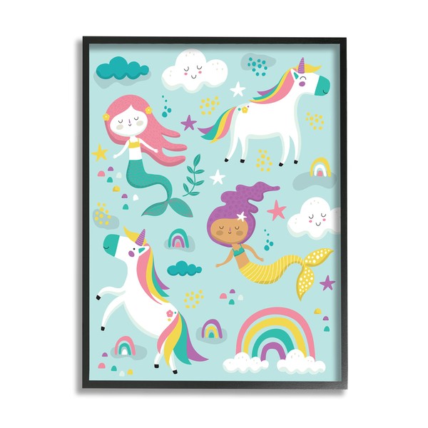 Stupell Industries Mermaid and Unicorn Rainbow Collage Kids' Fantasy Illustration,