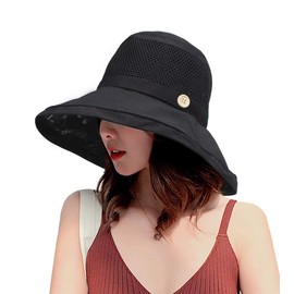 Women Mesh Sun Hats Summer Beach UV Protection UPF Packable Wide Brim Chin Strap Black