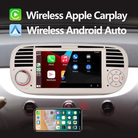 Car Stereo Compatible with Wireless Carplay/Android Auto for Fiat 500 2007-2015 with High Power Output IPS Touch Screen/Bluetooth/Mirror Link/FM/AM/USB (White)