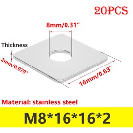 Ctyjia M8 Square Washer 20 PCS Flat Repair Washers, M8x16x16x2mm Stainless Steel Square Washers, Square Washer Plate with Round Holes