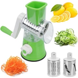 SKY35 Rotary Cheese Grater Shredder, Speed Round Mandoline Vegetable Slicer Safe Food Grinder with 3 Interchangeable Blades for Nuts, Potato, Carrot, Garlic, Walnut, (green)