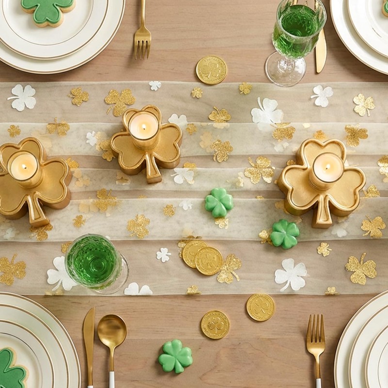 Beige Gauze Gold Shamrocks St.Patrick's Day Table Runner 120 Inch