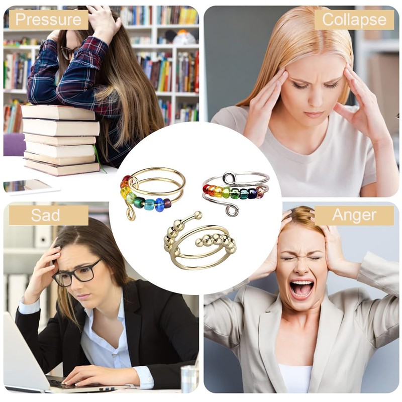 SGERUFZ 3-Piece Anti-Stress Ring Set, Adjustable Anxiety Ring, Efficient Relief