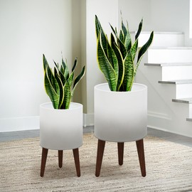 ARNIS Modern Plant Pots, Metal Planter with Stand, Set of 2 Large Decorative Flower Pots with Drainage Holes for Living Room, Office, Garden or Balcony, White&Grey