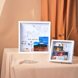 Travel Adventure Archive Box, 12-Inch Travel Ticket Shadow Box for Ticket Stub, Memory, Photos & Souvenirs, Travel Events Design Wooden Keepsake Display Frame with Slot on Top for Mementos