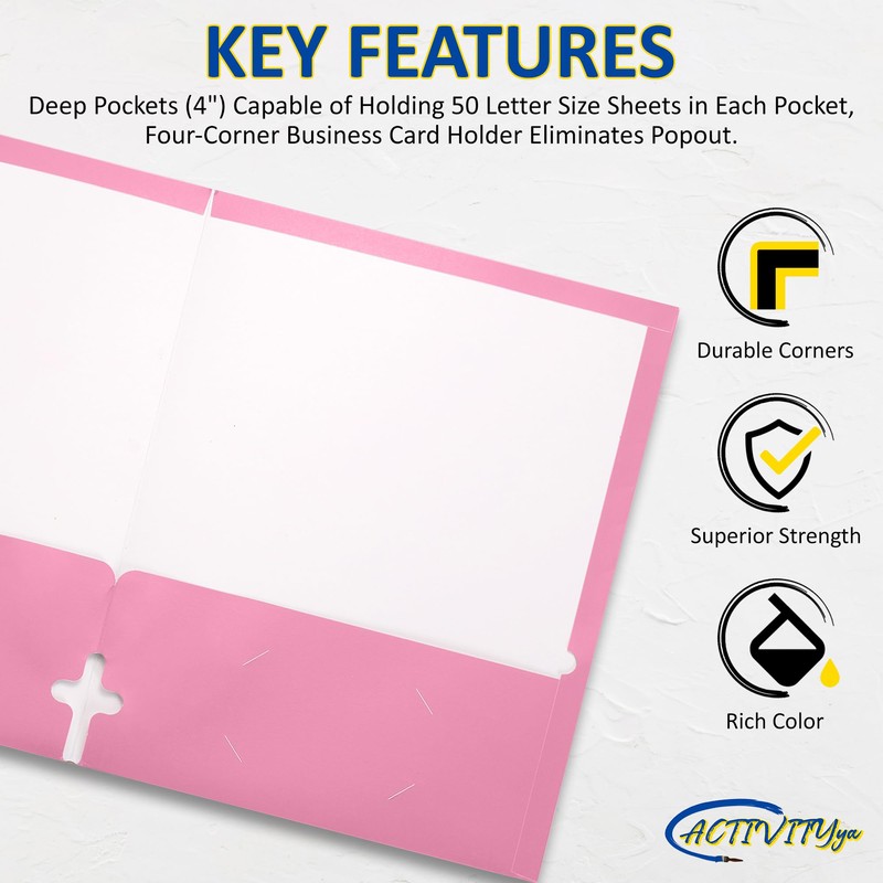 10 Pack Two Pocket Folders, Pink, Strong Thick Paper Folders,