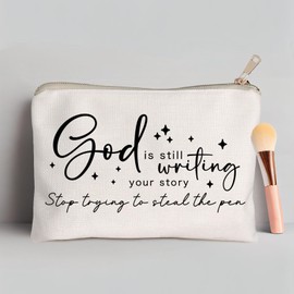 God is Still Writing Your Story Travel Bag Funny Christian Women of the Bible Makeup Bag Bible Quote Christian Quotes Scripture Makeup Pouch Linen Cotton Bag