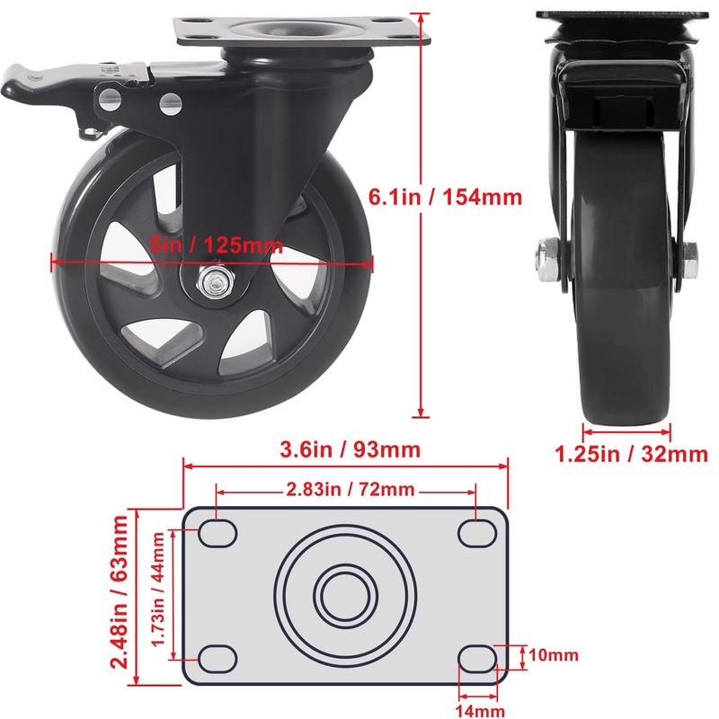 5 Inch Swivel Caster Wheels Set of 4, Heavy Duty