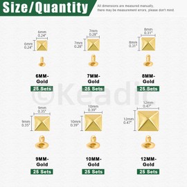 Keadic 300Pcs Gold Punk Spike Studs Assortment Set with Plastic Case, 6mm/7mm/8mm/9mm/10mm/12mm Square Pyramid Rivet Nailheads Leathercraft Decorations for DIY Leather Clothing Shoes Bags