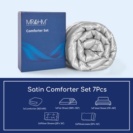 MR&HM Satin Comforter King 7 Pieces - Luxurious Pinch Pleat Bedding Set with Comforter, Flat Sheet, Fitted Sheet, Pillowcases & Shams, Super Silky Soft Bed Set for All Season (King, Silver Grey)