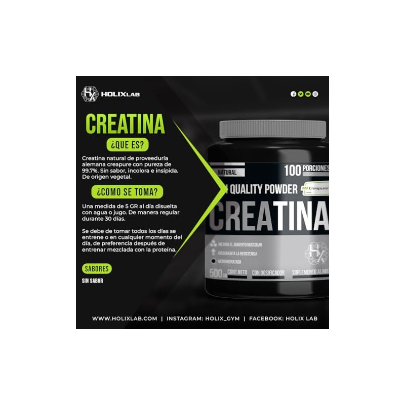 Holix LAB - Creatina Monohidratada - 500 grs, rinde hasta