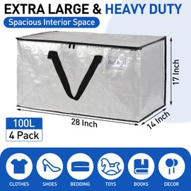 Rolett 4 Pack Extra Large Moving Bags, Heavy Duty Storage Bags with Strong Zippers & Carrying Handles, Storage Totes for Space Saving, Fold Flat, Alternative to Moving Box and bins