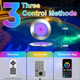 Smart LED Pool Lights for Inground Pool, 12V DC Underwater Light, App+Remote+Switch Control, 304 Stainless Steel, IP68 Waterproof, 50ft Cord, Fit for 10" Wet Niche of Swimming Pools, Spas, Fountains