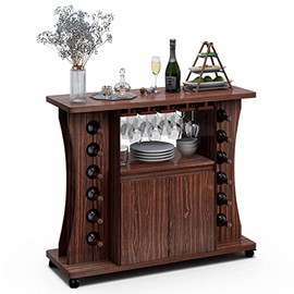 PETSITE Rolling Wine Bar Cabinet, Liquor Storage Trolley Cart w/ 12 Bottles Wine Rack, Glass Holder, 2-Door Cabinet, 5 Casters, Accent Sideboard Buffet on Wheels for Kitchen, Dining Room, Living Room