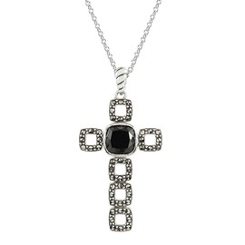 MARC 925 Sterling Silver 1.70 ct Cushion cut 8x8 mm Black Onyx & Marcasite Cross Pendant Necklace with 18" Chain