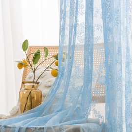 Sutuo Home - Cortinas de encaje azul de 84 pulgadas de largo, juego de 2 paneles de cortina transparentes para ventana, bordado floral, panel de gasa clásico, par de tratamiento para recámara, sala de estar, cocina, barra de bolsillo de 57 x 84 pulgadas 