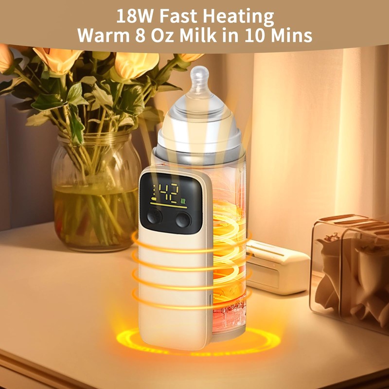 Portable Bottle Warmer, Travel-Friendly, Leak-Proof, Precise Temp-Control & LCD Display,