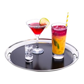 Stainless Steel Bar Tray with Black PVC 14 Inch - Non Slip Bar Tray, Waiters Tray, Drinks Tray