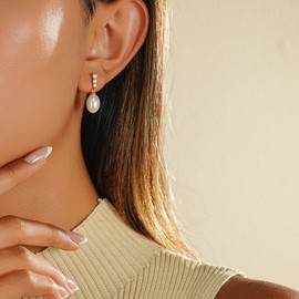 Pearl Earrings for Women, Dainty 14k Gold Plated Pearls Wedding Earring Cute Gold Dangle Earrings for Women Trendy Hypoallergenic Pearl Drop Formal Prom Jewelry Bridesmaid Gifts