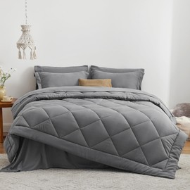 Love's cabin Queen Comforter Set Grey, 7 Pieces Queen Bed in a Bag, All Season Bedding Sets with 1 Comforter, 1 Flat Sheet, 1 Fitted Sheet, 2 Pillowcase and 2 Pillow Sham