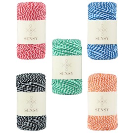 5 Skeins of Sensy Premium Cotton Striped Bakers Twine,%100 Recycled Cotton, 656 Feet, Packaging Cord for DIY Crafts and Gift Wrapping (Red/Green/Blue/Orange/Black)