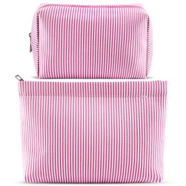 URSKYTOUS 2Pcs Makeup Bag Set for Women Large Small Striped Makeup Bags, Pink Striped