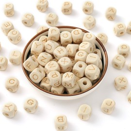 HERZWILD 52 Pieces Wooden Letter Beads, Cube Wooden A-Z Beads, 12 mm Natural Wooden Beads for Crafts (B)