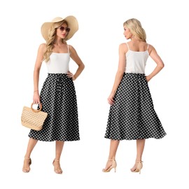 GRECERELLE Women's Summer Midi Long Midi Skirt A-line Flowy with Pockets Light and Airy, Pd White Black Flower, XXL