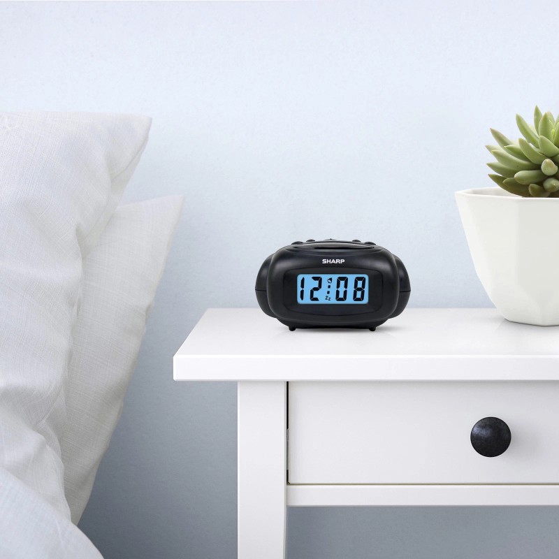SHARP Digital Alarm Clock, Black, LCD Display, Battery Operated, Small,