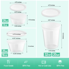 Blcculi 60 Set Deli Containers with Lids,Plastic Deli Food Storage Containers,Leakproof Soup Containers with Airtight Lids,Stackable,Dishwasher,Microwave Safe (8oz-20Set, 16oz-20 Set, 32oz-20 Set)