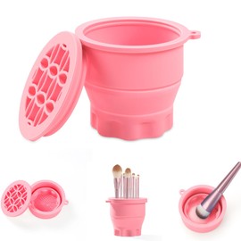 WantGor Makeup Brush Cleaner Mat with Brush Storage Holder, 3 in 1 Foldable Silicone Bowl Cosmetic Brushes Cleaning Pads Tool for Makeup Brush, Makeup Sponge, Powder Puff (Pink)