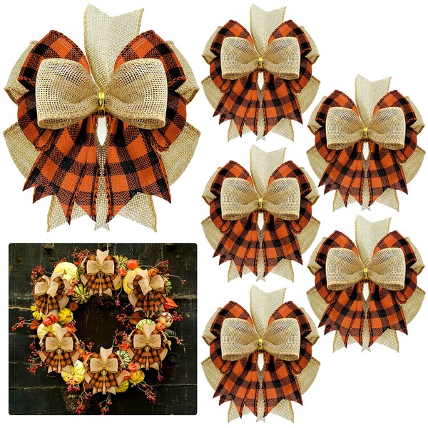 6 Pieces Christmas Burlap Wreaths Bows Plaid Burlap Bows Double Layed Bows Christmas Tree Topper Bows for Front Door Holiday Wedding Christmas Thanksgiving Decorations (Orange and Black)