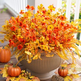 HyeFlora Artificial Faux Fall Autumn Mums Flowers Plants for Outdoor Outside Decoration, 14 Bundles Fake Silk Daisy Ferns UV Resistant Look Real for Front Door Porch Patio Yard Planter