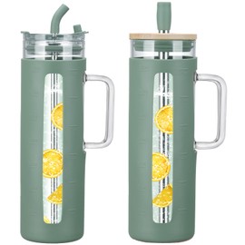 Glass Tumbler with 2 lids & Straw, 24 oz Glass Cups with Bamboo Lids and Handle, Reusable Glass Water Bottle with Silicone Sleeve, Iced Coffee Cup & Smoothie Cup-BPA Free-Dishwasher Safe-1 Pack