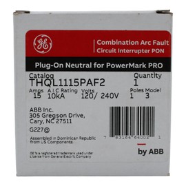 GE THQL1115PAF2 Combination Arc Fault Circuit Breaker Plug On Neutral 15 Amps 120/240 Volts AC 1 Pole 10 KA UL Listed