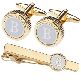 GWD Mens Cufflinks Tie clips set Set Shirt Classic Initials Alphabet A-Z Gift Box ((Cufflinks Tie Clip Set) B)