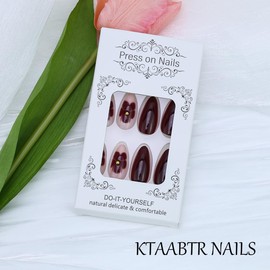 Flower Press on Nails Medium Almond Shape Full Cover Red Fake Nails with Glue Glossy Acrylic Nails Spring Floral False Nails for Women DIY Manicure Decoration 24pcs