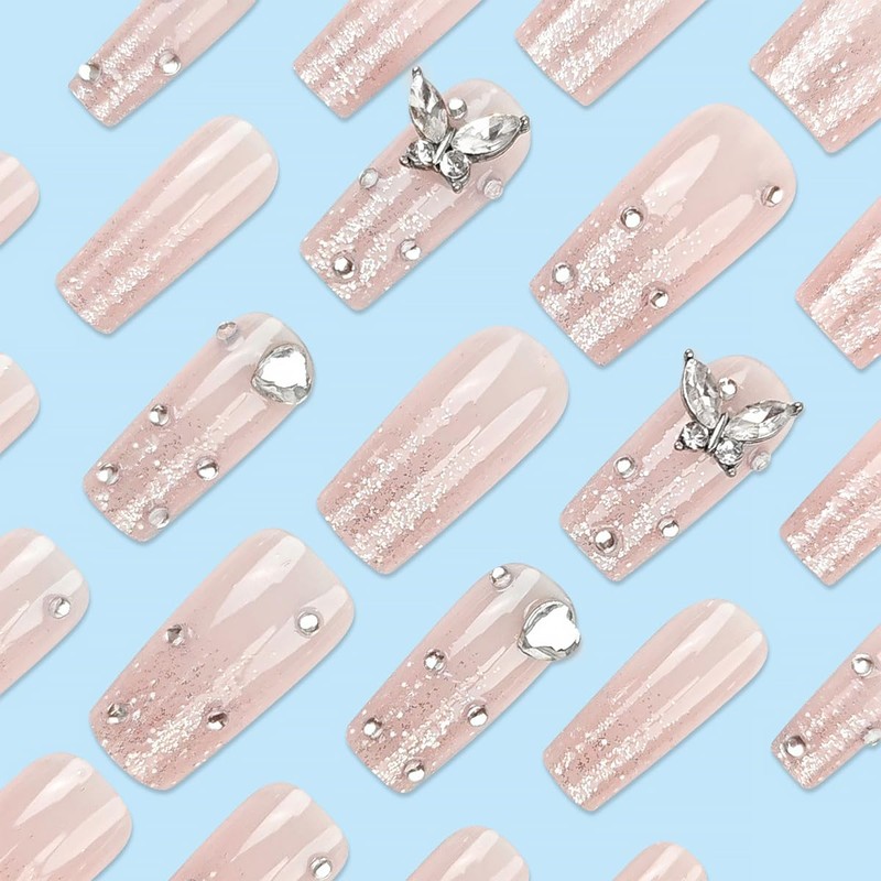 24Pcs Long Coffin Press on Nails Butterfly Fake Nails with