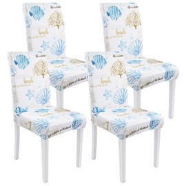 Mofvugz Blue Coastal Chair Covers for Dining Chairs Set of 4, Armless Chair Slipcover Dining Chair Seat Covers for Dining Room Chairs, Kitchen Washable Stretch Chair Protectors Covers (Coastal)