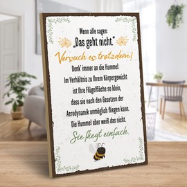 ARTFAVES® Wooden Sign with Saying - Hummel fliegt einfach (German language) | Vintage Decorative Sign on Happiness / Motivation / Funny | Shabby Chic Wooden Picture Also as a Gift