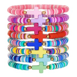 Preppy Jewelry Bracelets for Women Handmade Friendship Bracelets Clay Bead Colorful Surfer Heishi Bracelet Set Stackable Boho Y2K Summer Beach Elastic Layering Bracelets (Colorful Woven Cross)
