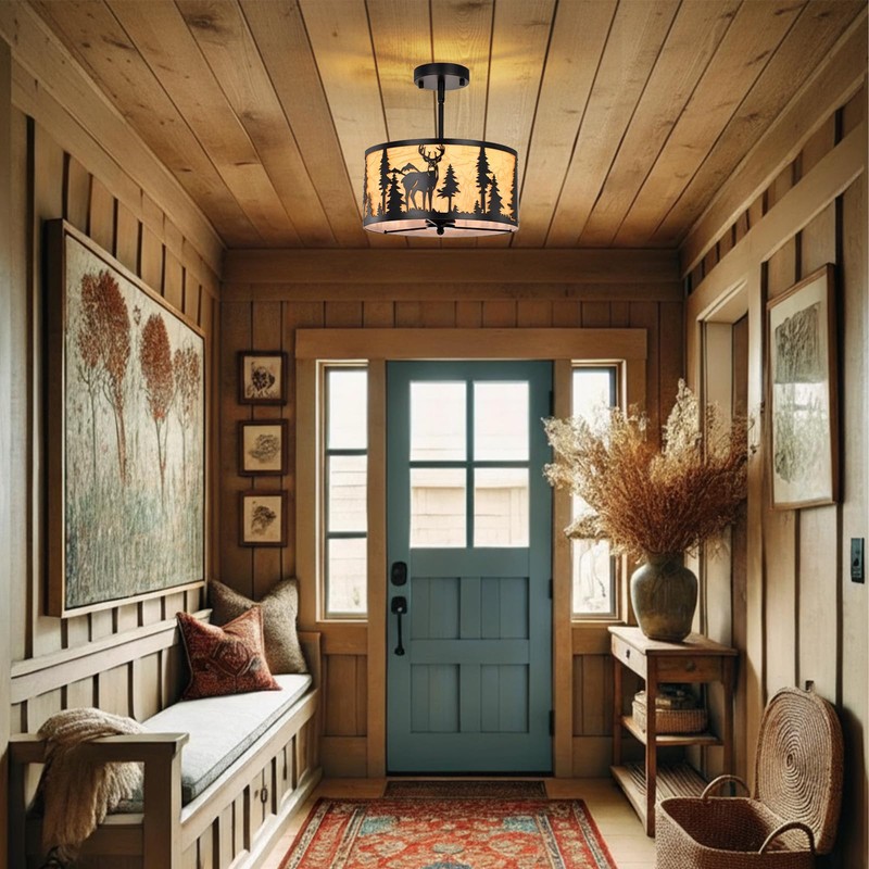 Sunnyin Rustic Semi Flush Mount Ceiling Light,Farmhouse Parchment Metal Dining