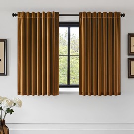 EMEMA Golden Brown Velvet Curtains 45 Inch Length 2 Panels Set Room Darkening Luxury Back Tab and Rod Pocket Thermal Insulated Window Drapes for Bedroom Living Room W42 x L45