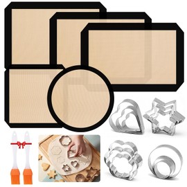 Kit de 19pcs Tapete de Silicona Antiadherente Reutilizables para Hornear, 5 Tapetes para Hornear, 12 Cortadores de Galletas, 2 Cepillos de Silicona,para Macaron, Galletas, Pasta, Pizza, Pan, sin BPA