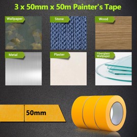 JETOP 3 X Goldband Klebeband 50mm X 50 M, Profi Malerklebeband Breit Abklebeband Maler Goldband Malerkrepp Kreppband Malerband Klebeband Malerarbeiten für Gestochen Scharfe Farbkante