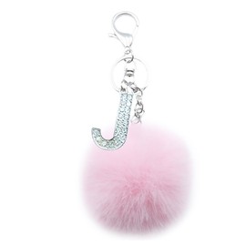 Xsclpomddy Pom Pom Pink Keychain Artificial Soft Rabbit Hair Bag Pendant Ball Key Ring with Letter A-Z for Handbag Decoration, Pink J