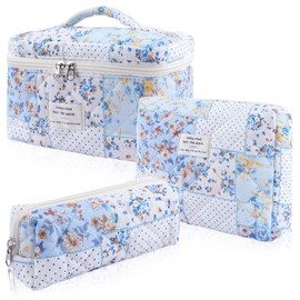 Hatende 3Pcs Cotton Quilted Makeup Bag Set,Large Floral Cosmetic Bag，Aesthetic Toiletry Travel Makeup Bag Set and Cute Flower Bag for Women Girls(Blue Spliced Flower)
