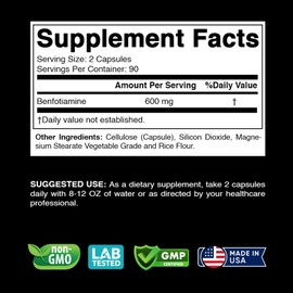 Benfotiamine 600mg 180 Vegetarian Capsules - Also Called Fat Soluble Vitamin