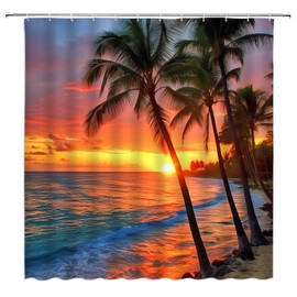 Ocean Beach Shower Curtain Tropical Palm Tree Sunset Sea Waves Coastal Landscape Coastal Nature Scenery Bathroom Decor Fabric Curtain with Hooks,70" WX70 H Inches